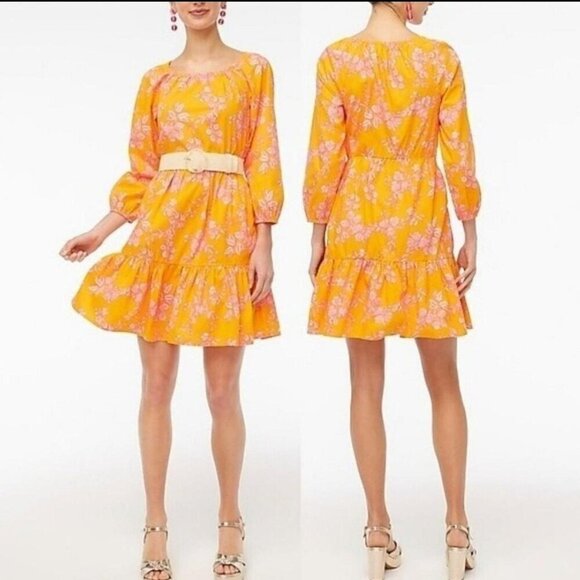 J. Crew Orange with Pink Florals Tiered Dress with Ruffled Hem – Size 4 - Picture 1 of 10